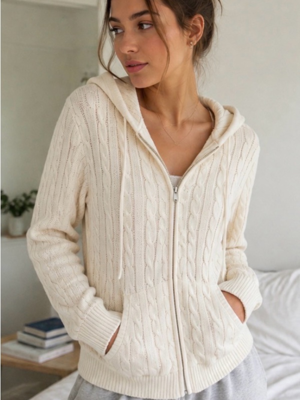Brandy Melville Cream Cable Knit Zip Hoodie